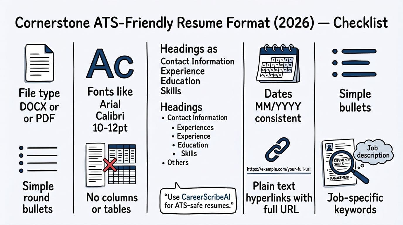 Hand-drawn vertical infographic illustrating an ATS-friendly resume checklist with sections on file types, fonts, headings, dates, bullets, no columns, hyperlinks, and job keywords. Includes a callout for CareerScribeAI, in clean black and deep blue linework on white background.