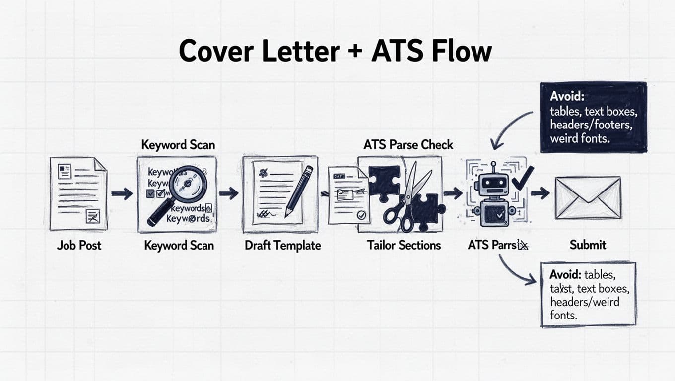 Minimalist hand-drawn line art infographic depicting a step-by-step pipeline for creating an ATS-friendly cover letter: Job Post, Keyword Scan, Draft Template, Tailor Sections, ATS Parse Check, and Submit, with a callout on pitfalls to avoid.