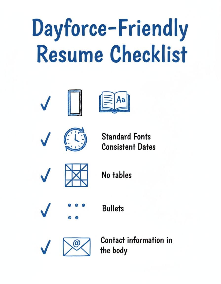 Hand-drawn line art checklist in blacks and blues on white background, illustrating key elements for Dayforce ATS-compatible resumes like single-column layout, standard fonts, and plain bullets with checkmark icons.