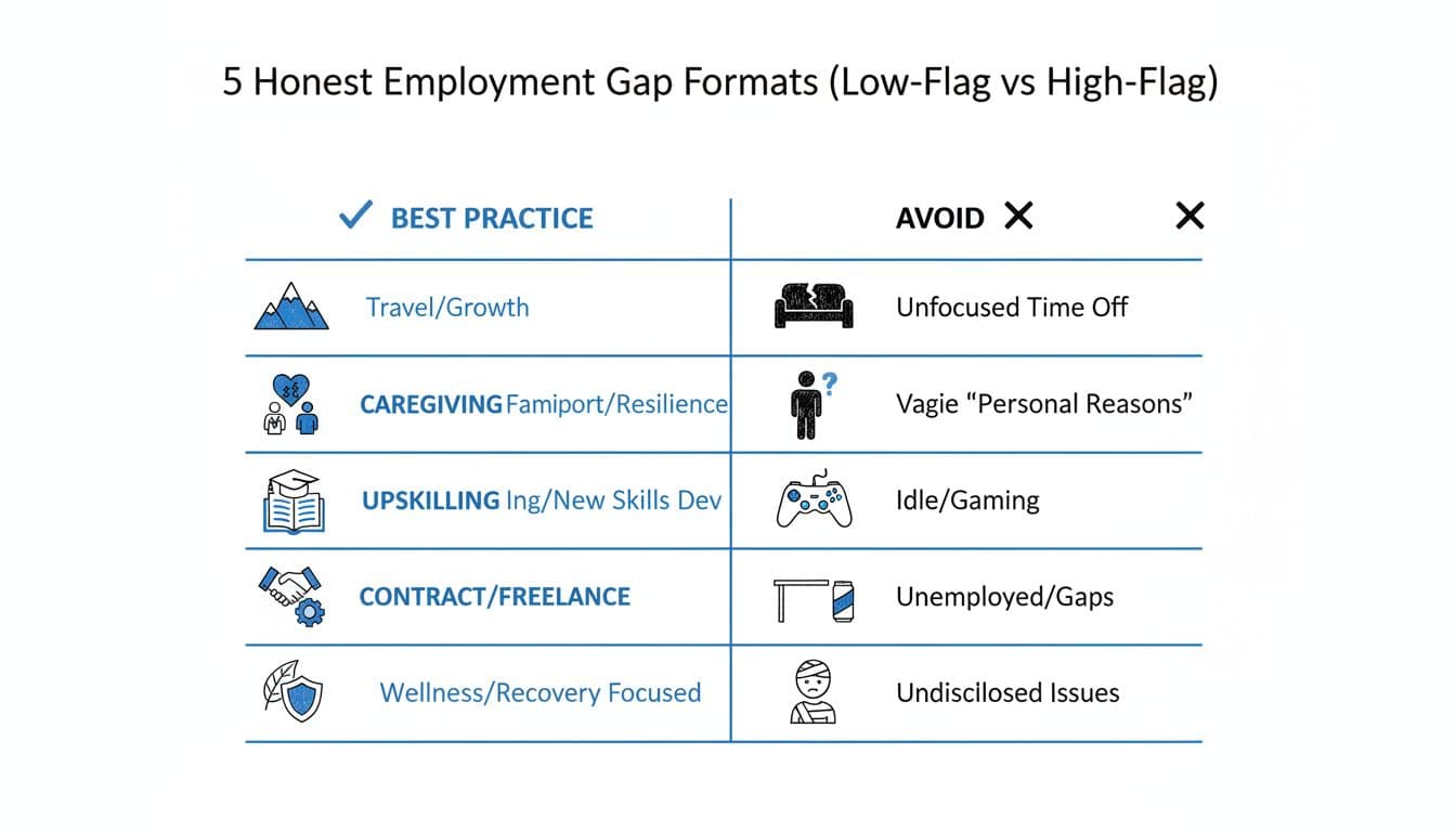 Hand-drawn minimalist infographic in black ink and blue accents comparing best practice vs. avoid formats for five employment gaps: Sabbatical, Caregiving, Upskilling, Contract Freelance, and Health Personal.