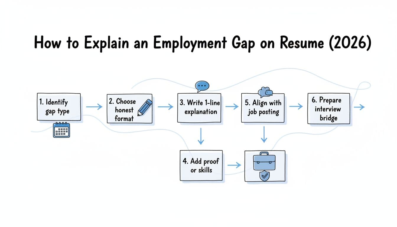 Hand-drawn infographic-style flowchart on a clean white background with black ink lines and blue accents, guiding users through steps to explain employment gaps on resumes professionally.