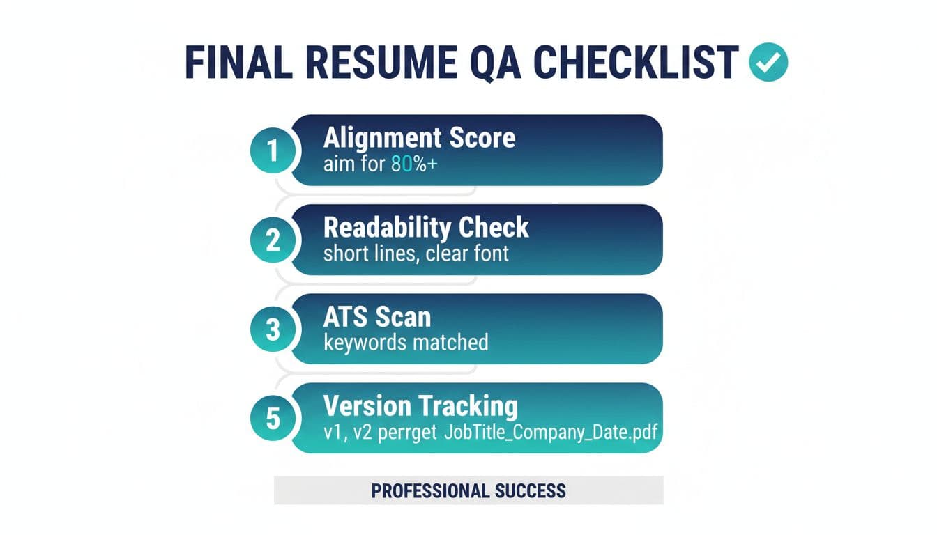 A clean, modern infographic in flat vector style featuring a vertical flow of five teal checkmark icons next to rounded rectangles listing key resume quality checks: alignment score, readability, ATS scan, file naming, and version tracking. Designed with a minimal navy, teal, and light gray palette on a white background for high legibility in landscape format.