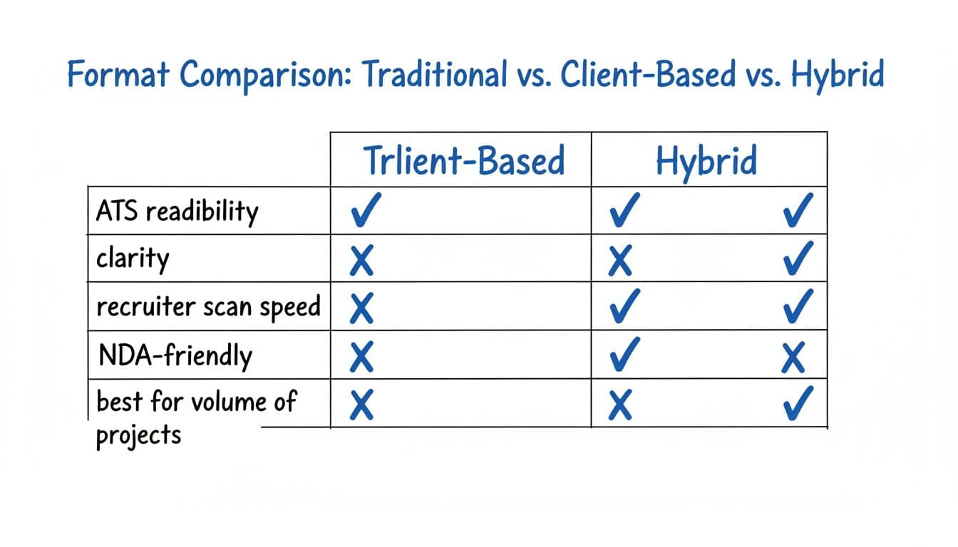 Hand-drawn illustration in black and blue ink on white background featuring a three-column chart comparing Traditional, Client-Based, and Hybrid formats with checkmarks or X's for ATS readability, clarity, recruiter scan speed, NDA-friendly, and volume of projects.