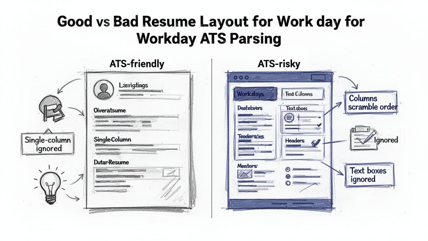 Hand-drawn split-screen illustration in sketch and ink style using black and deep blue lines on white background, comparing ATS-friendly single-column resume wireframe (left) versus ATS-risky design with columns and text boxes (right), with callout labels on problem areas.