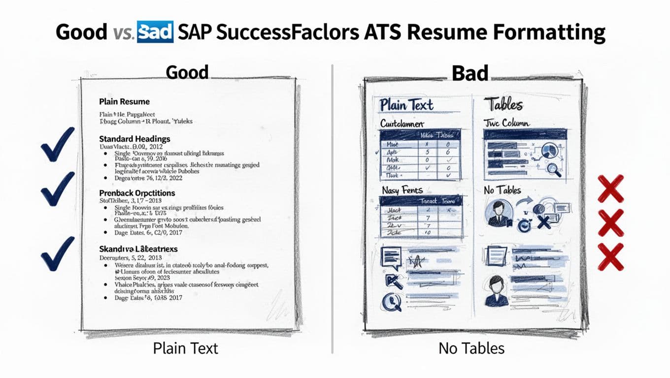 Hand-drawn split-panel infographic comparing good (plain text, single column, standard headings) vs bad (two-column, tables, graphics, fancy fonts) resume formatting for SAP SuccessFactors ATS, with check marks on good side and X marks on bad side.