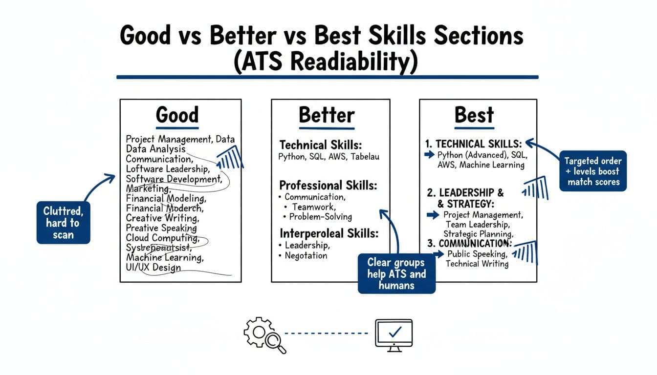 Hand-drawn infographic comparing cluttered 'Good', grouped 'Better', and targeted 'Best' resume skills sections for optimal ATS readability, with explanatory callouts and scanner icons.