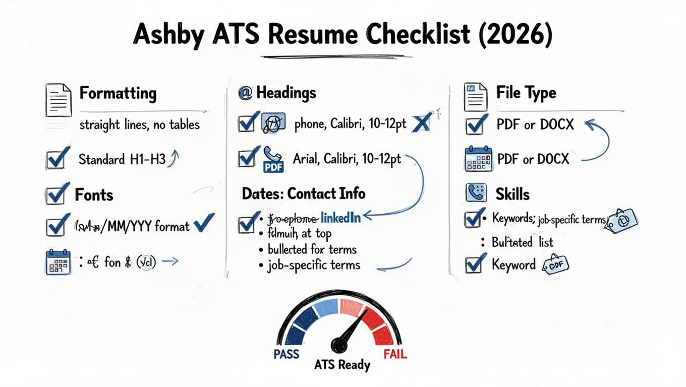 Hand-drawn minimalistic infographic in black ink linework with deep-blue accents on white background, guiding users on ATS-compatible resume formatting for Ashby in 2026.