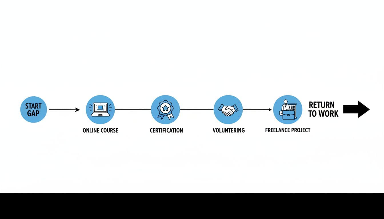 Minimalist hand-drawn illustration depicting a 12-24 month employment gap as a positive timeline with icons for online courses, certifications, volunteering, freelancing, and return to work.