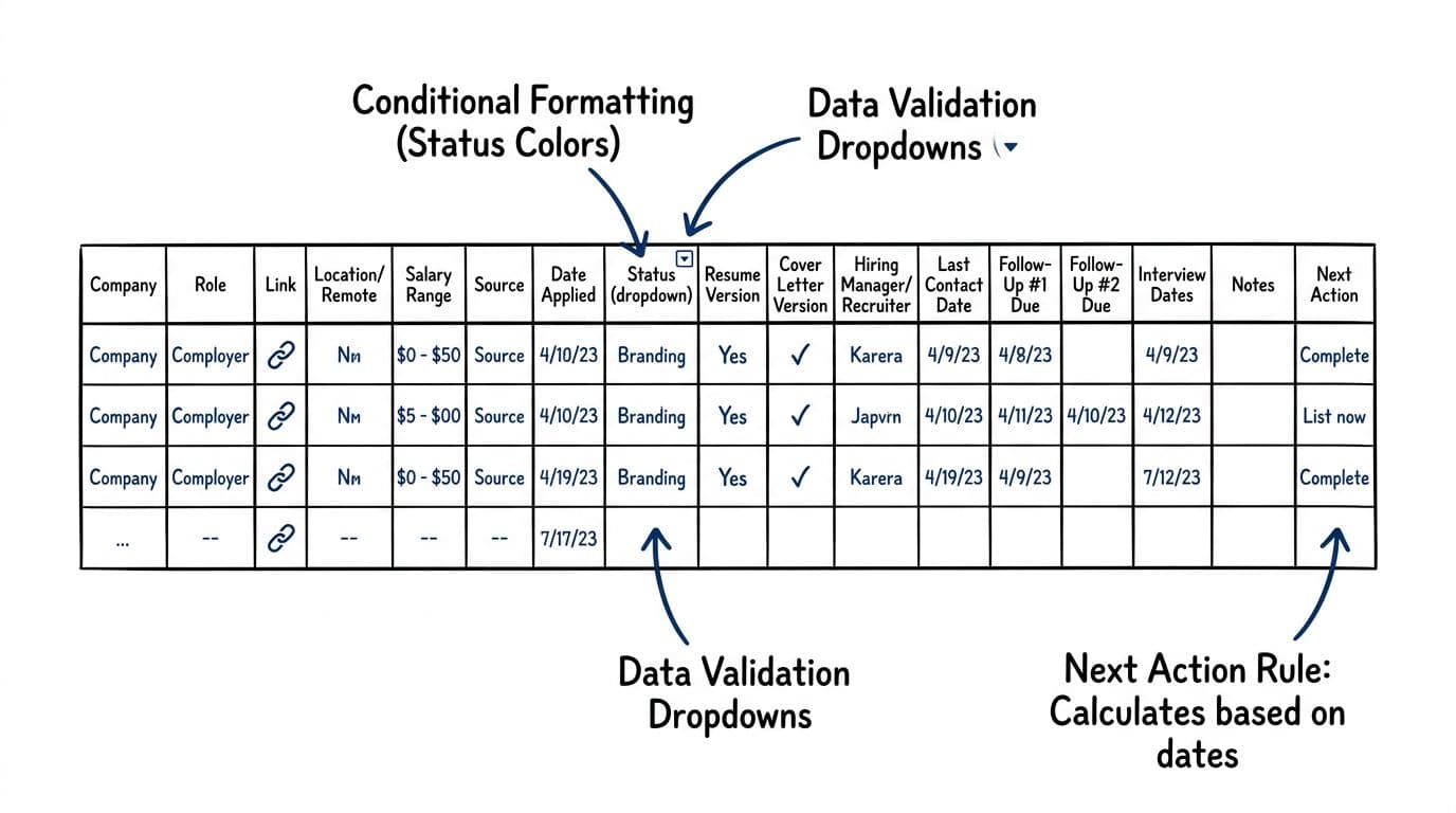 Top-down hand-drawn line art illustration of a simplified job application tracking spreadsheet with columns for Company, Role, Status, Next Action, and more, including callouts for conditional formatting and data validation, in black and deep blue ink on white background.
