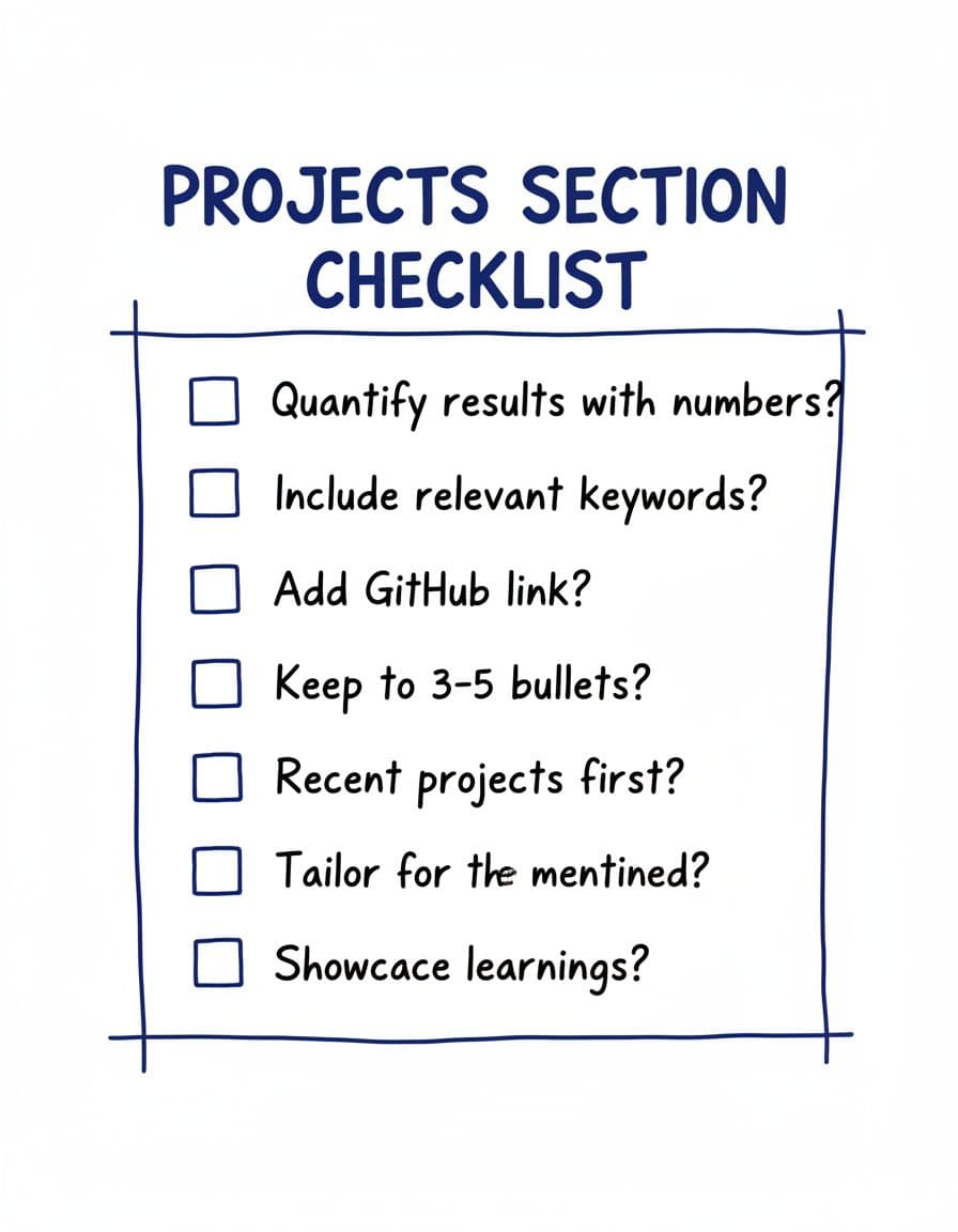 Hand-drawn illustration in black and deep blue ink on white background featuring a vertical checklist titled 'Projects Section Checklist' with 8-10 items like 'Quantify results with numbers?' each with empty checkboxes.