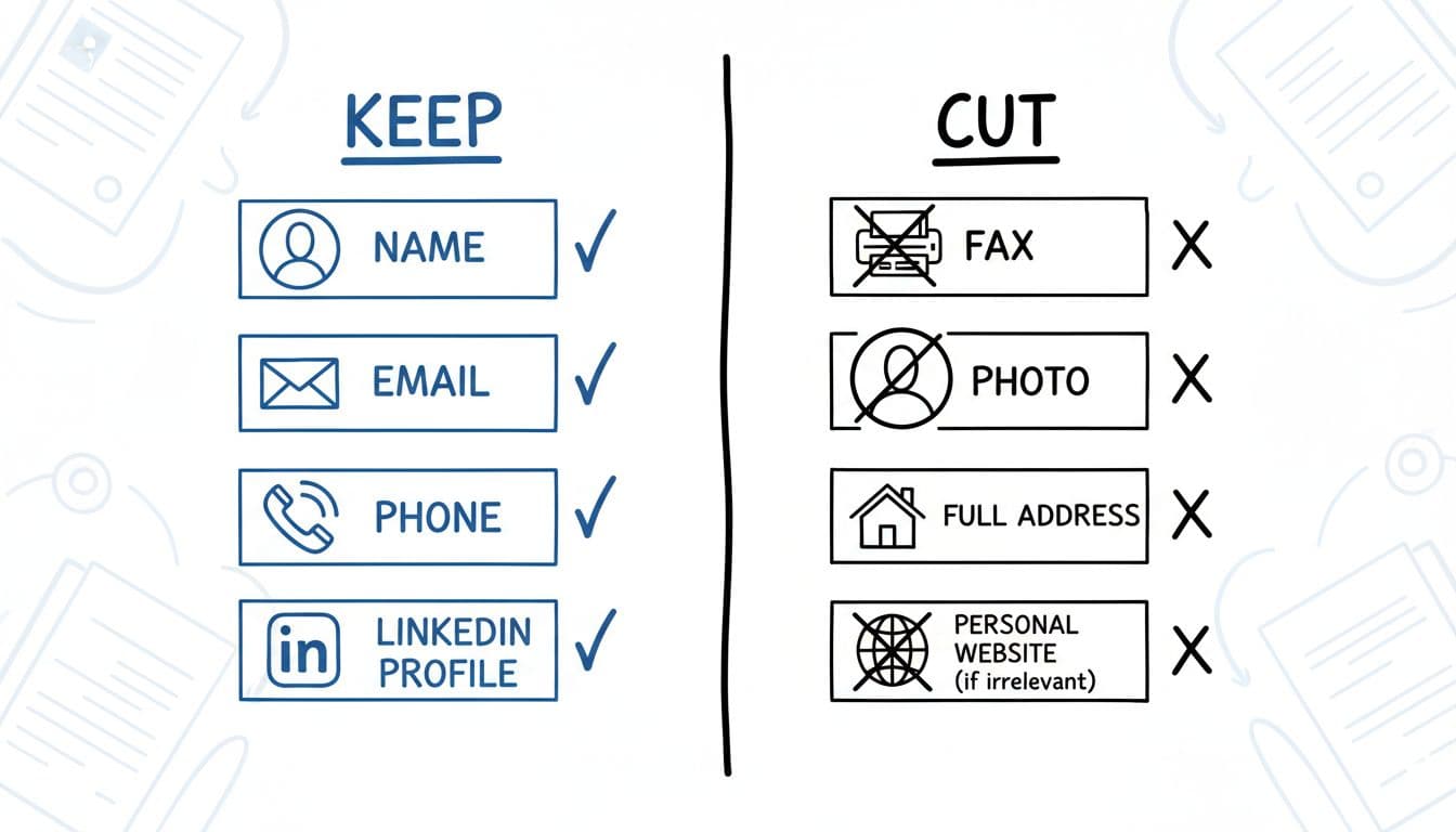 Hand-drawn style infographic illustrating a keep vs cut comparison for resume contact information, with icons for essentials like name, email, phone, and LinkedIn on the keep side, and non-essentials like fax, photo, and full address on the cut side.