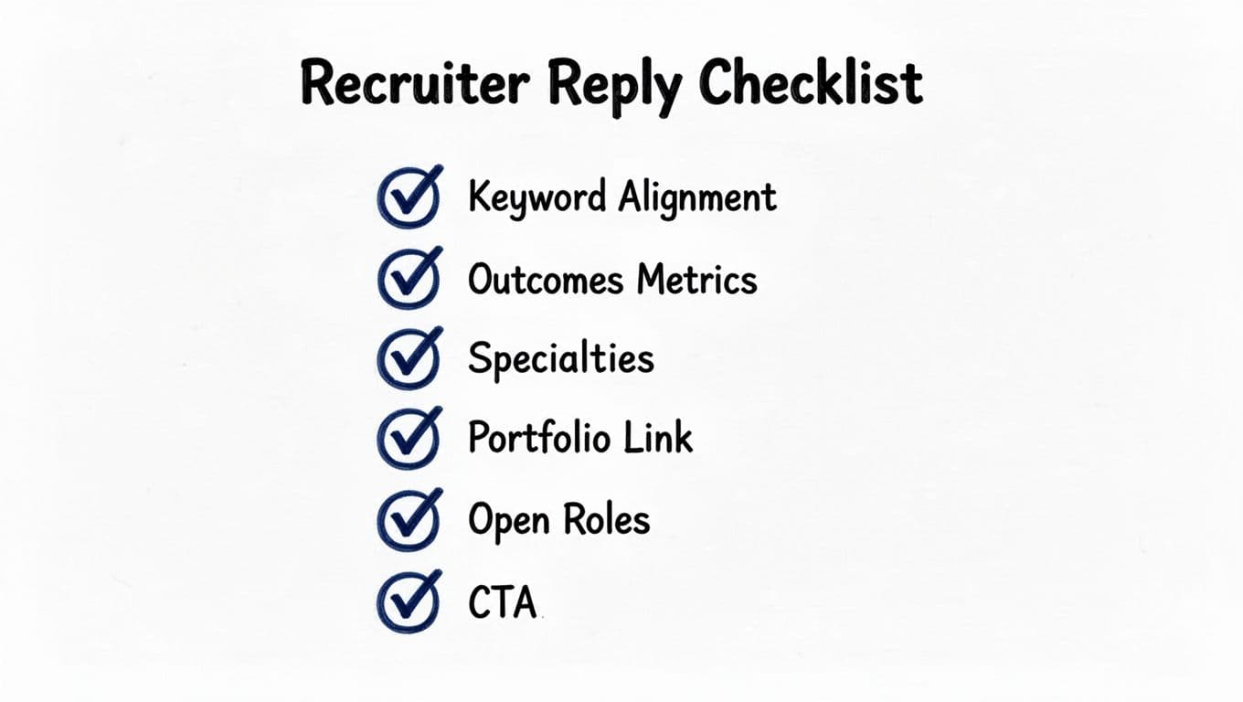 Hand-drawn minimalist checklist infographic titled 'Recruiter Reply Checklist' with 8 checkmark icons for items like keyword alignment, outcomes metrics, specialties, portfolio link, open roles, and CTA, using black and deep blue lines on white background.