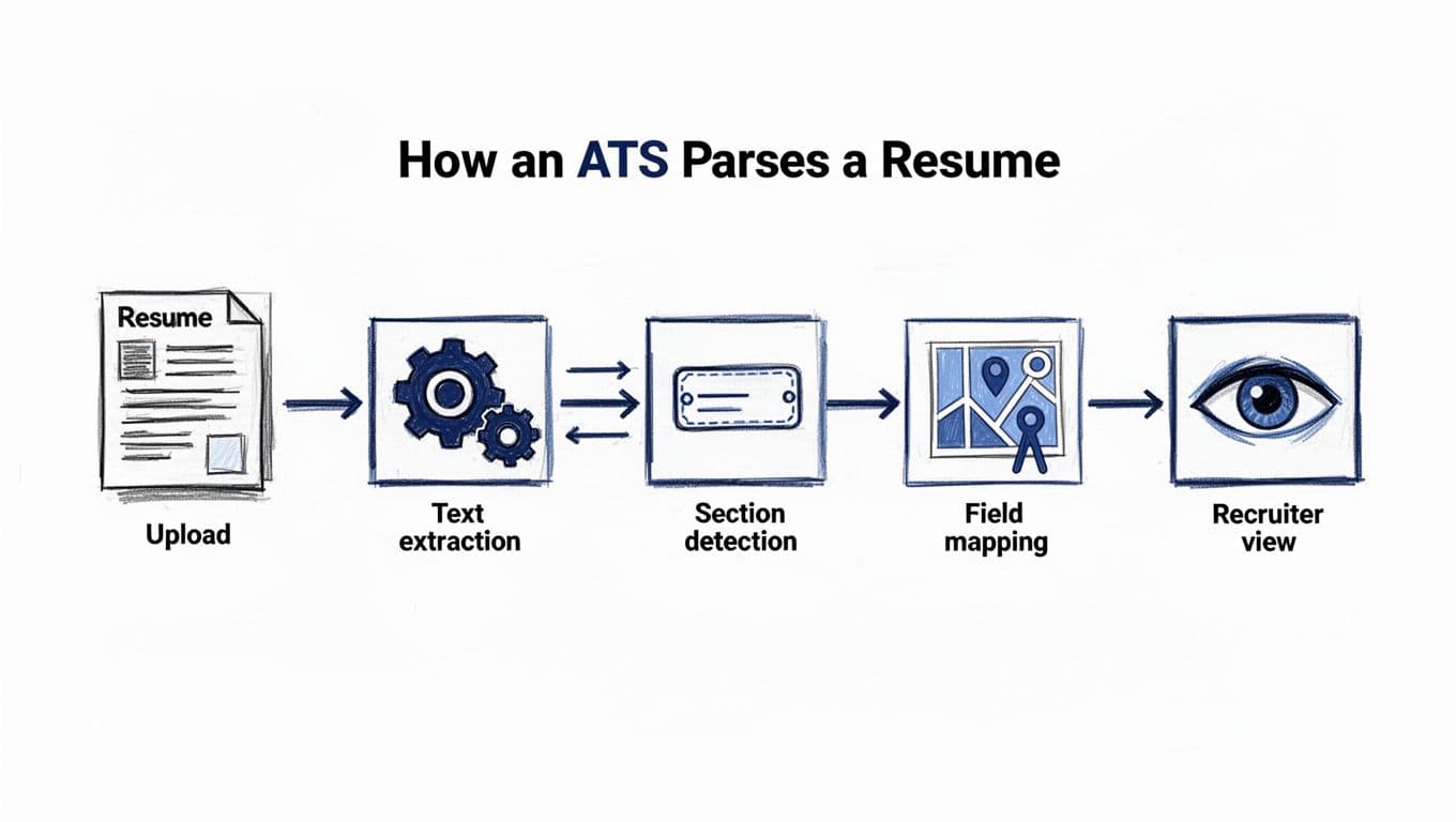 Hand-drawn illustration in limited palette with black ink linework and deep blue accents on white background, depicting a simplified horizontal pipeline diagram of the ATS resume parsing process from upload to recruiter view.