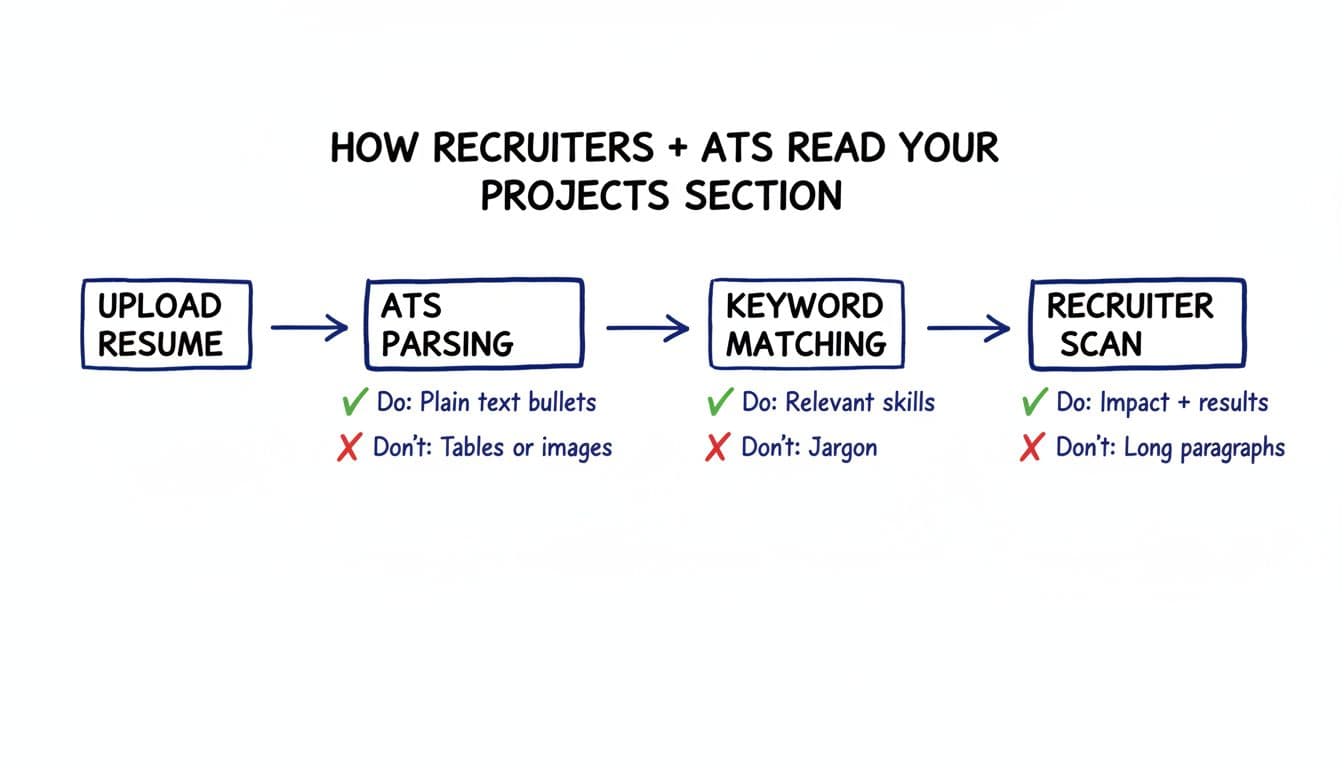 Hand-drawn infographic in black and deep blue ink on white background showing step-by-step flow: Upload Resume to Applicant Tracking System Parsing, Keyword Matching, Recruiter Scan, with do/don't callouts like plain text bullets (do) and no tables/images (don't).