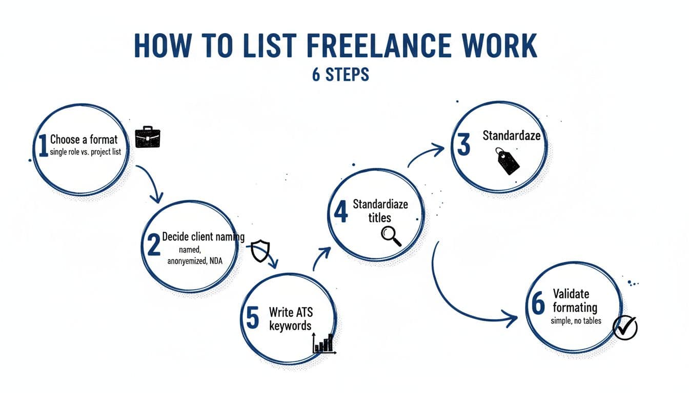 Hand-drawn black and blue ink flowchart on white background illustrating six steps to list freelance work effectively, with icons like briefcase, shield, and chart.