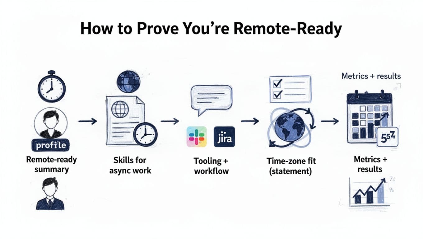 Hand-drawn illustration style 5-step horizontal process diagram for proving remote readiness, featuring simple icons like clock, globe, chat bubble, checklist, and calendar on a clean white background with blacks and deep blues.