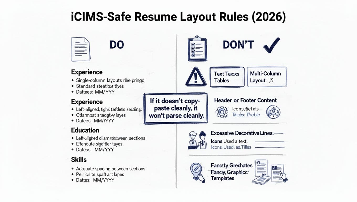 Hand-drawn infographic in black and deep blue ink on white background, featuring DO and DON’T sections for iCIMS-compatible resume layouts, including single-column designs versus tables and multi-columns.