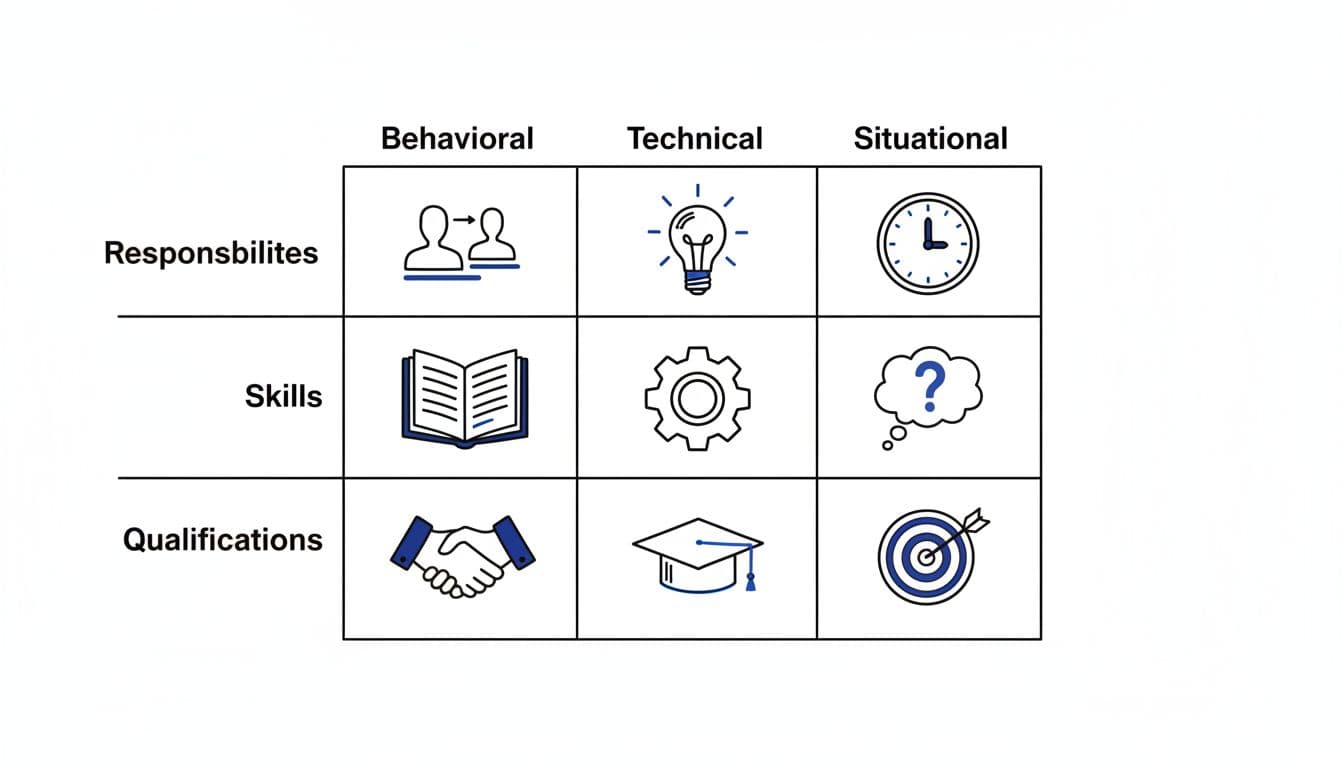 Hand-drawn minimal infographic matrix mapping job description sections (Responsibilities, Skills, Qualifications) to interview question types: Behavioral, Technical, Situational, using simple icons on a clean white background.