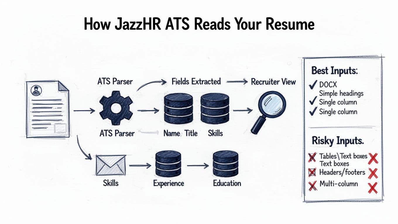 Hand-drawn infographic flow diagram showing the step-by-step process of JazzHR ATS parsing resumes, from file upload to recruiter view, with side panel on best vs risky input formats.
