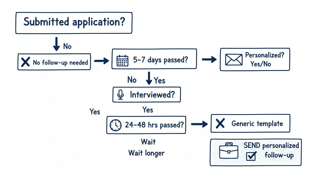 Hand-drawn infographic-style decision tree in clean black and deep blue linework on white background, guiding when and how to send follow-up emails after job applications with simple yes/no branches and icons like envelope, calendar, and briefcase.