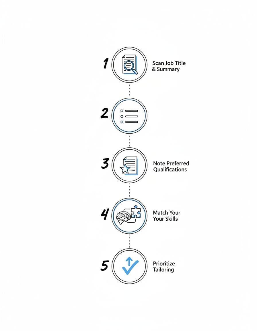 Vertical hand-drawn infographic flowchart with 5 steps to differentiate must-have and nice-to-have skills in job postings, featuring simple icons and checkmarks connected by lines in black ink with blue accents on white background.