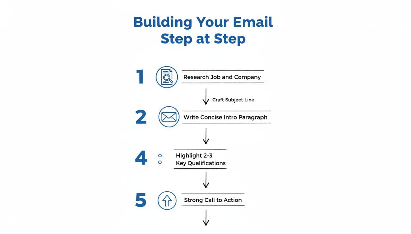 Vertical timeline infographic in blacks and blues on white background shows five numbered steps for job email with icons and connecting arrows.
