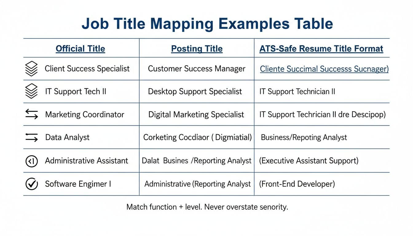 Hand-drawn infographic-style illustration featuring a 3-column comparison table of official job titles, posting titles, and ATS-safe resume title formats with six practical examples. Includes icons, clear labels, and a footer note emphasizing matching function and level without overstating seniority.