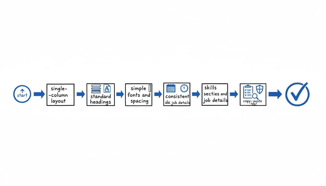 Hand-drawn illustration of a step-by-step flowchart for creating a Jobvite-compatible resume, featuring infographic icons, flow arrows, and crisp linework in black and blue ink on a white background.