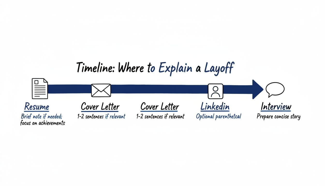 Hand-drawn illustration in minimal black and deep blue linework on white background, depicting a horizontal timeline with four stages: Resume (document icon with note to focus on achievements), Cover Letter (envelope icon with 1-2 sentences), LinkedIn (profile icon optional), and Interview (chat bubble for concise story), connected by a deep blue arrow.