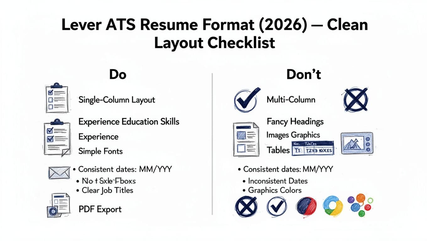 Hand-drawn infographic in black ink and deep blue on white background, featuring a two-column 'Do' vs 'Don't' comparison for ATS-friendly resume layouts with icons and checklist items.