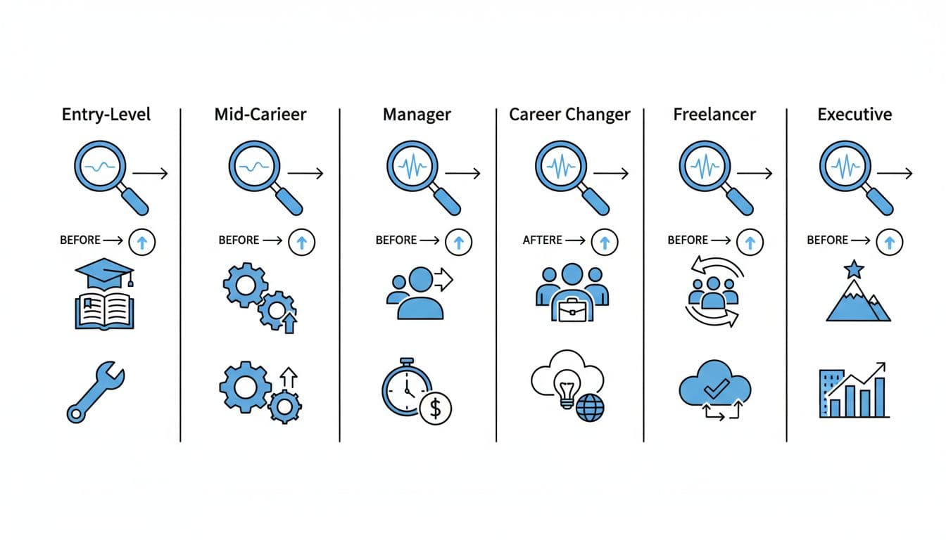 Clean hand-drawn line art infographic comparing before-and-after LinkedIn headlines across six career stages: entry-level, mid-career, manager, career changer, freelancer, and executive. Side-by-side panels feature icons highlighting profile search visibility improvements on a white background with black and blue accents.