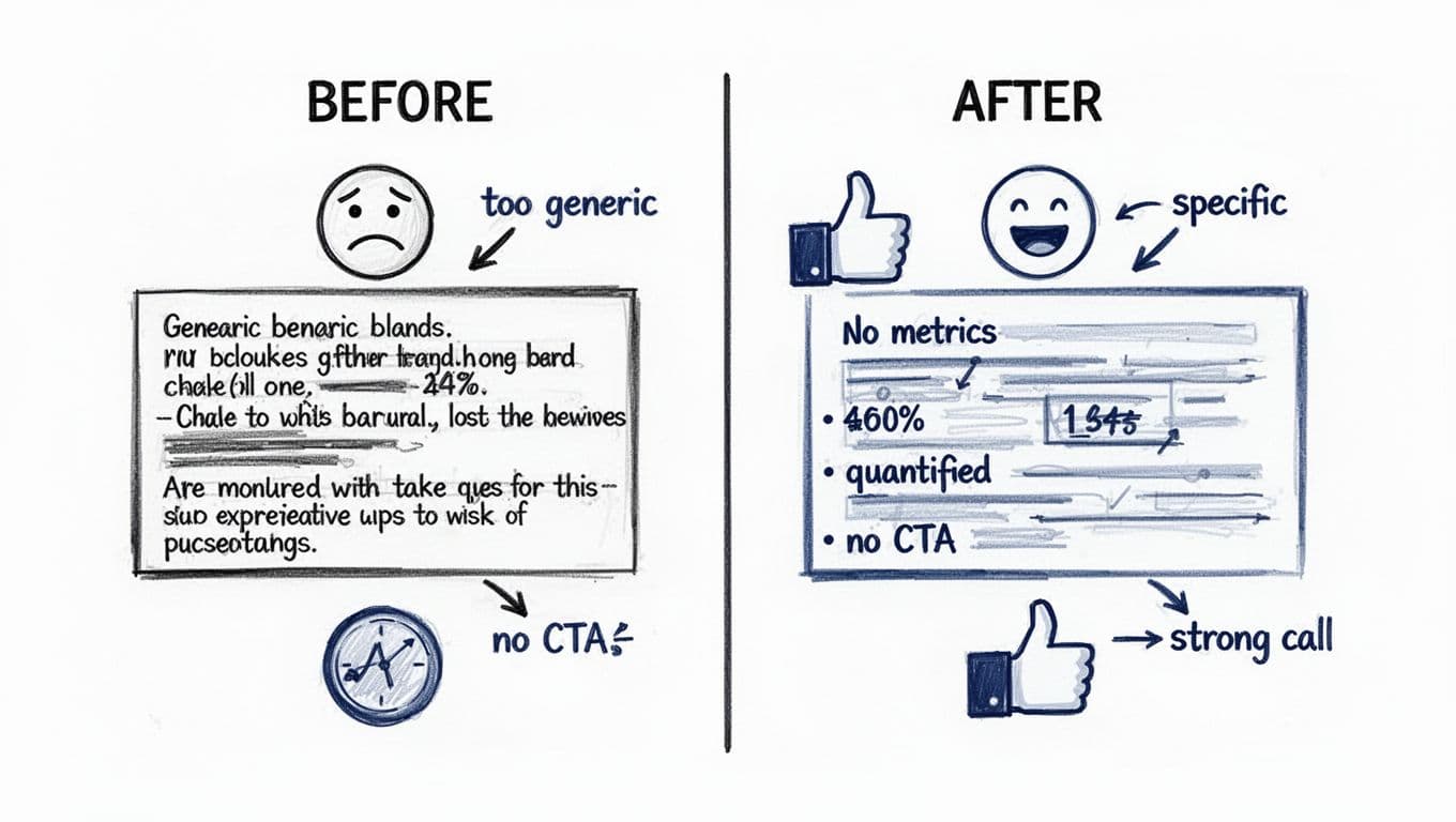 Hand-drawn black and deep blue line illustration on white background showing a two-column Before vs After comparison for LinkedIn summaries: left generic bland text with sad icon, right metrics-rich text with happy thumbs up, annotated with arrows for specificity, metrics, and CTA.