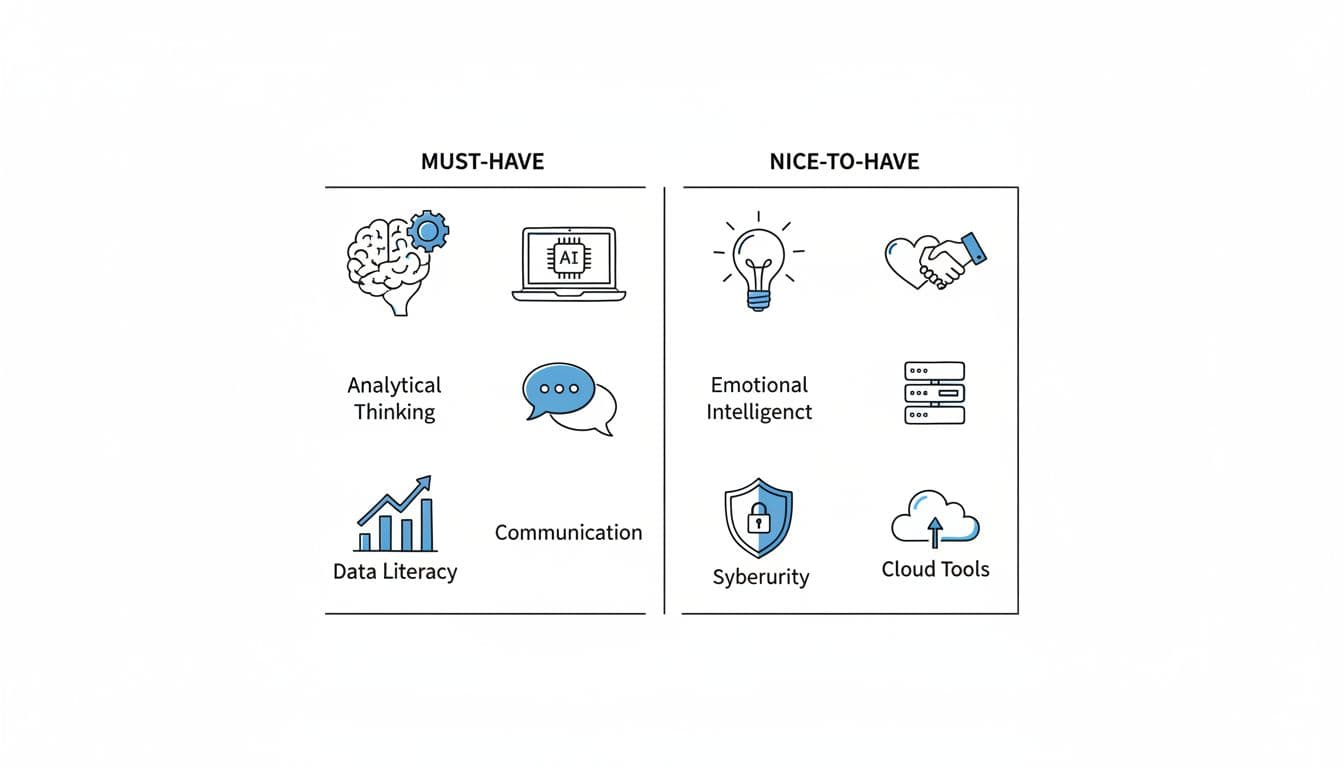 A hand-drawn infographic in a simple two-column table format comparing must-have job skills like critical thinking, AI tools, communication skills, data analysis, and digital literacy with nice-to-have skills such as creativity, emotional intelligence, cybersecurity, and cloud tools, using minimal black ink icons with blue accents on a white background.