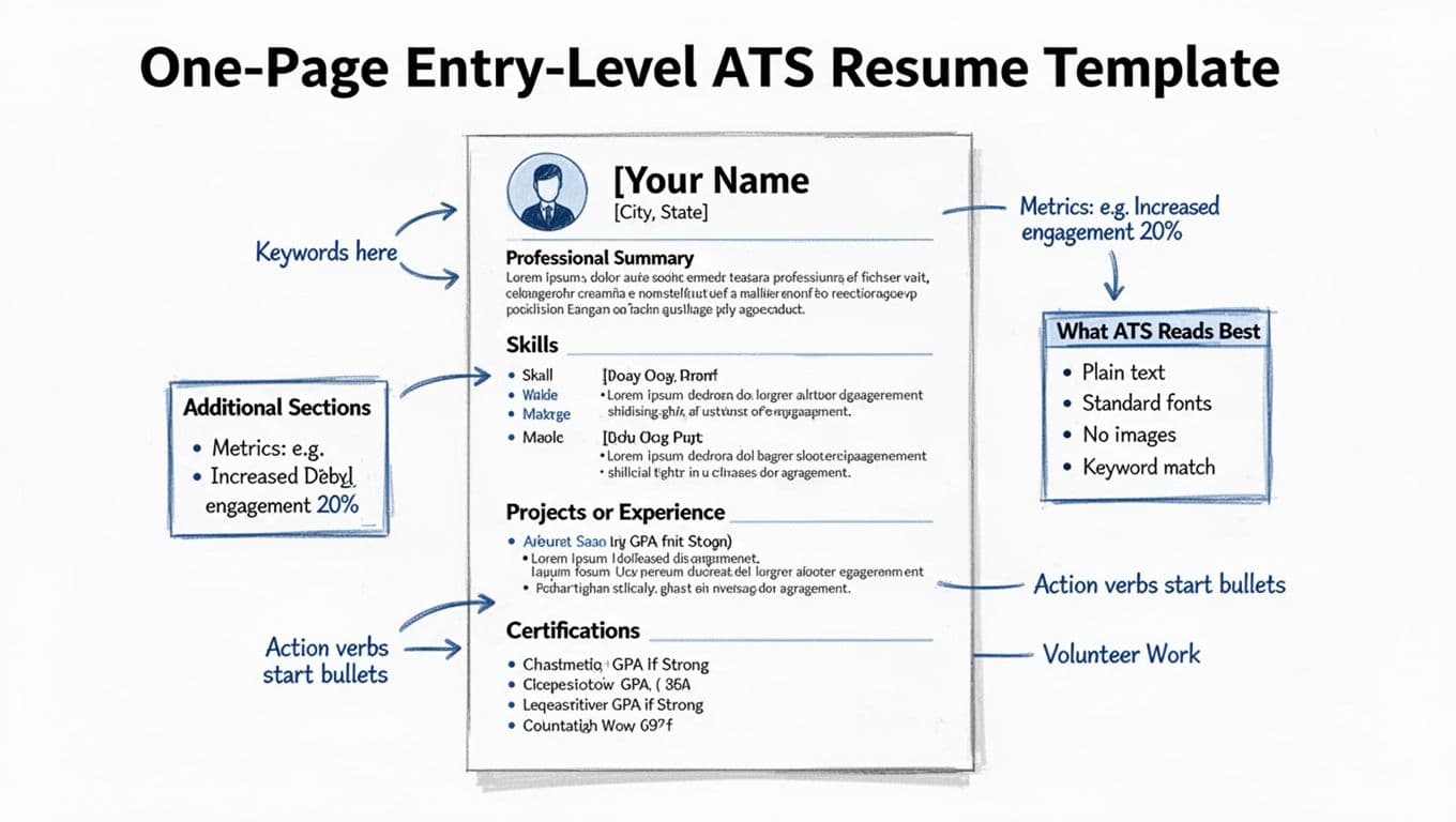 Hand-drawn clean line art illustration in blacks and blues on white background, featuring a minimalist one-page resume layout for entry-level professionals optimized for ATS systems, with sections like header, summary, skills, experience, education, and a side panel with ATS reading tips.