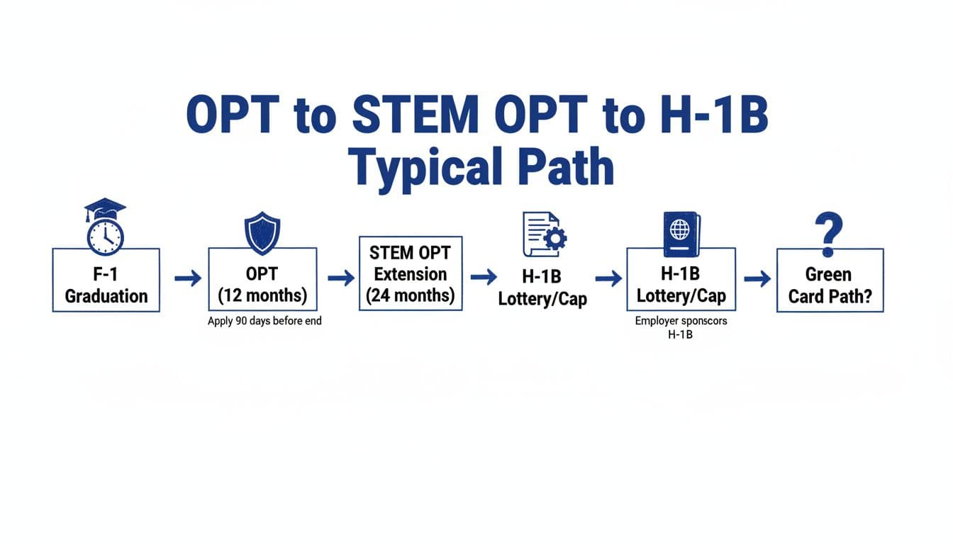 Hand-drawn ink sketch timeline illustration in black and deep blue on white background, showing the path from F-1 graduation through OPT (12 months), STEM OPT extension (24 months), H-1B lottery/cap, to green card question, with icons, arrows, and milestones like apply 90 days before end and employer sponsorship.
