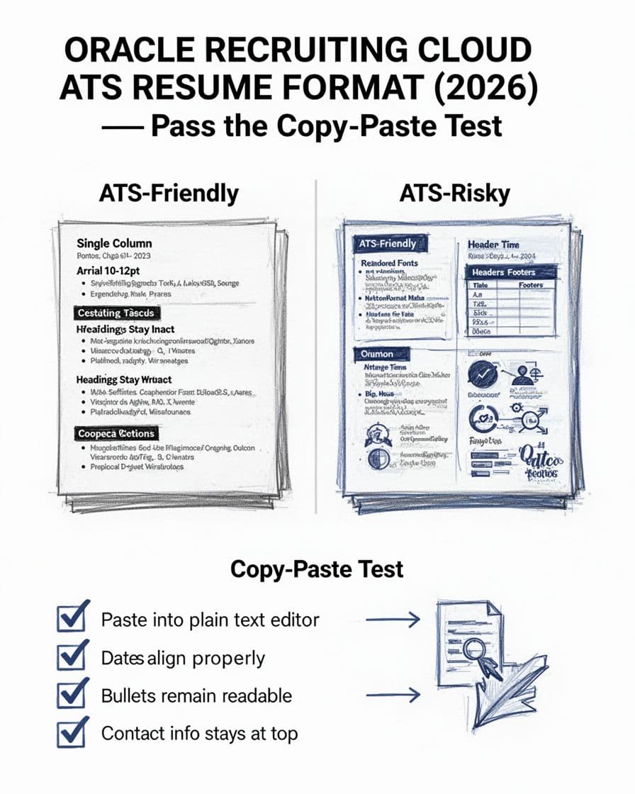Hand-drawn infographic in black and deep blue ink comparing ATS-friendly single-column resume versus ATS-risky multi-column designs, with a 5-step copy-paste test checklist.