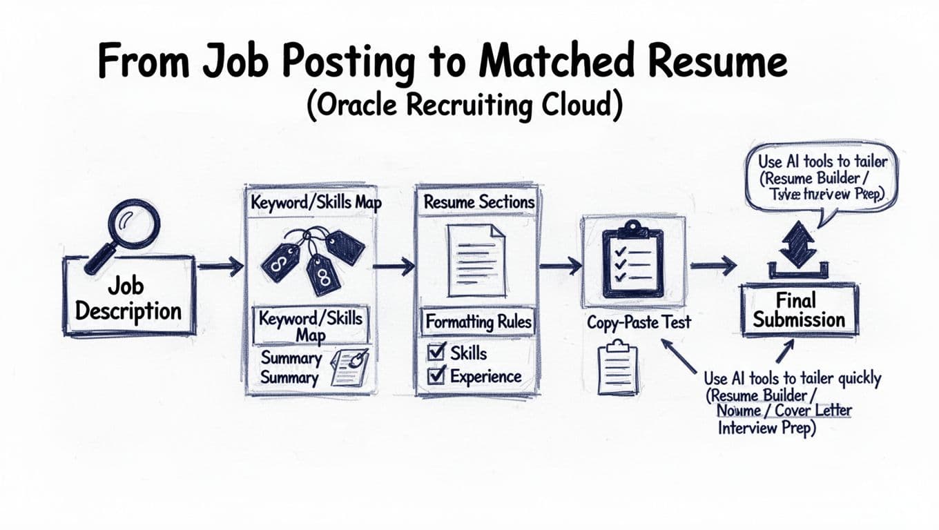 Hand-drawn illustration flowchart in black and deep blue ink on white background, depicting the process from job posting to matched resume in Oracle Recruiting Cloud, with steps including keyword mapping, resume sections, formatting rules, and AI tool callout.