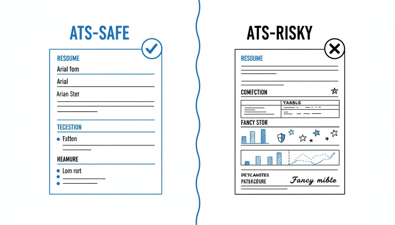 Hand-drawn illustration in blacks and blues on white background showing a clean two-column comparison of ATS-safe resume formatting (left: simple fonts, bullets, plain text, pass icon) versus ATS-risky formatting (right: tables, graphics, fancy fonts, fail icon).