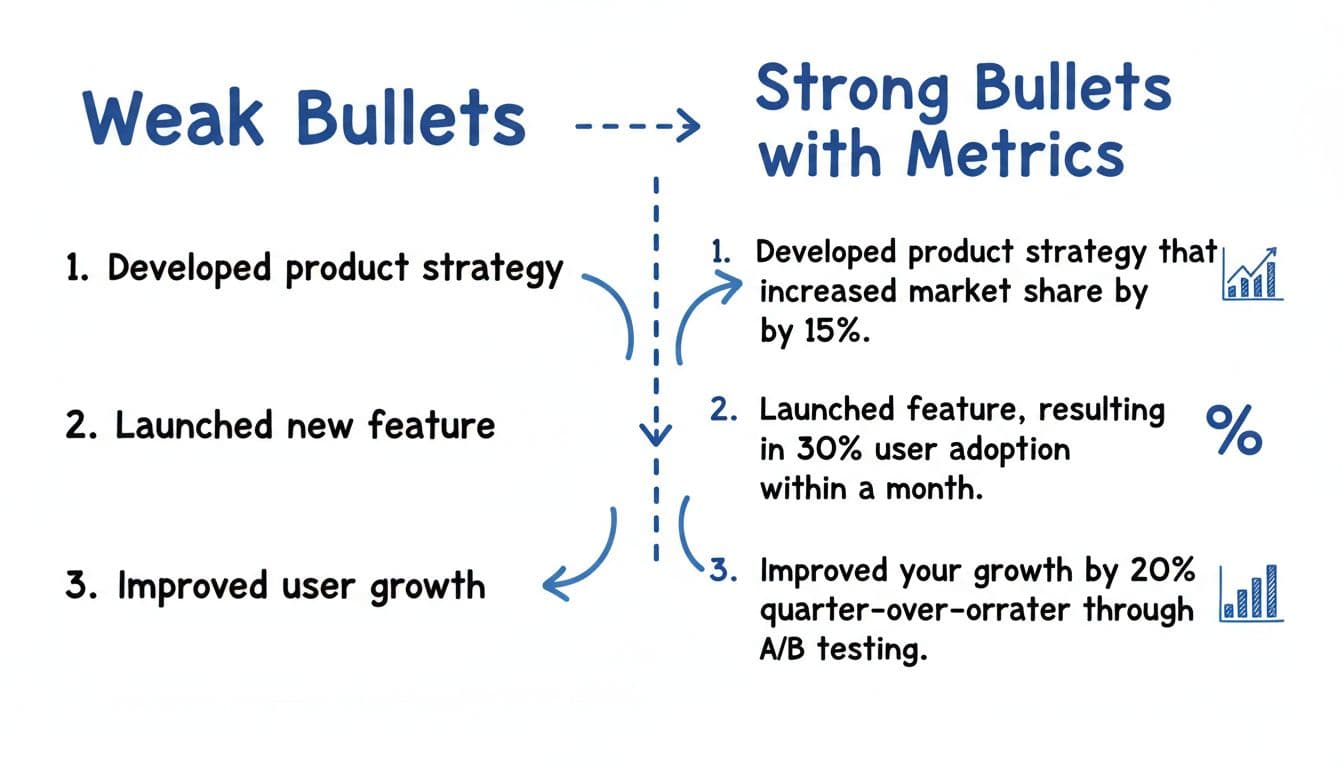Hand-drawn illustration in blacks and blues on white background showing before-and-after product manager resume bullets for strategy, launch, and growth, with weak vs. strong versions, metrics, arrows, and minimalist icons.