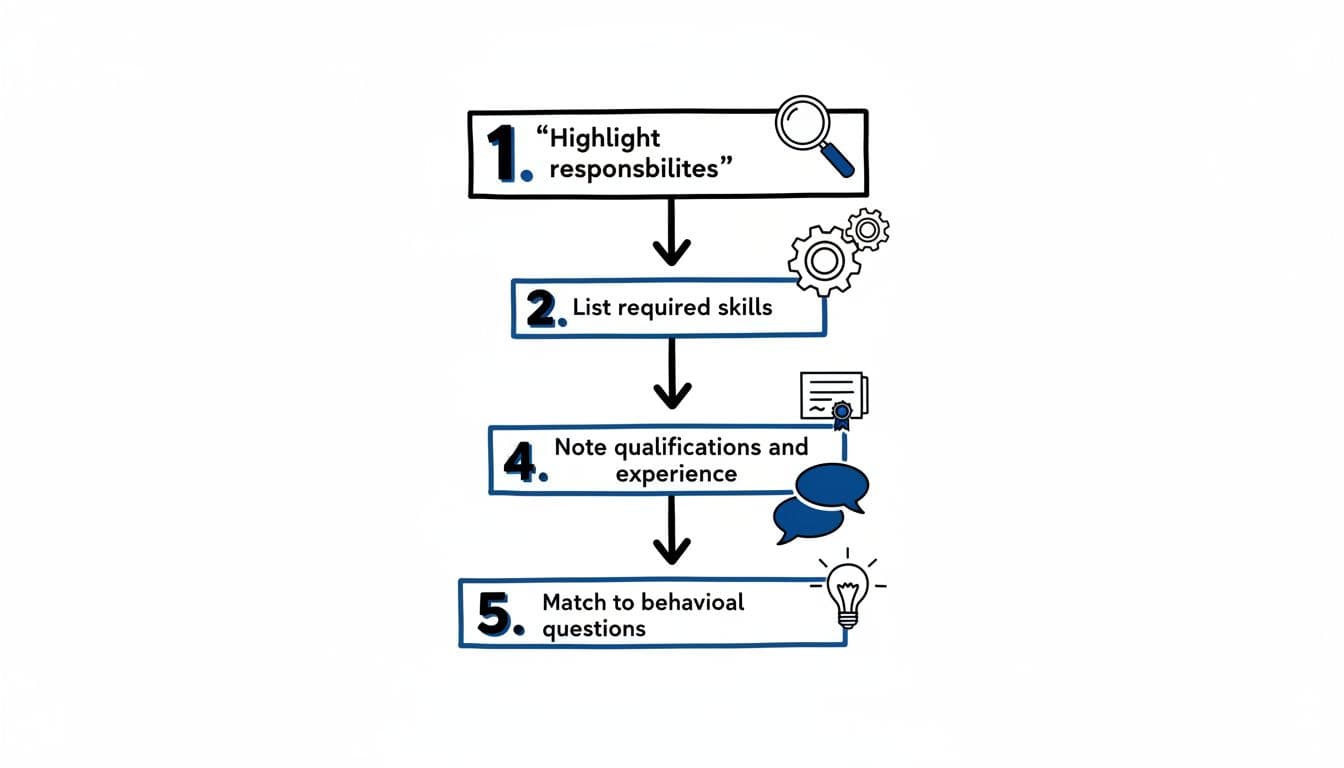 Hand-drawn minimal flowchart in black ink with deep blue accents on white background, outlining five steps: highlight responsibilities, list skills, note qualifications, match to behavioral questions, and prepare examples.