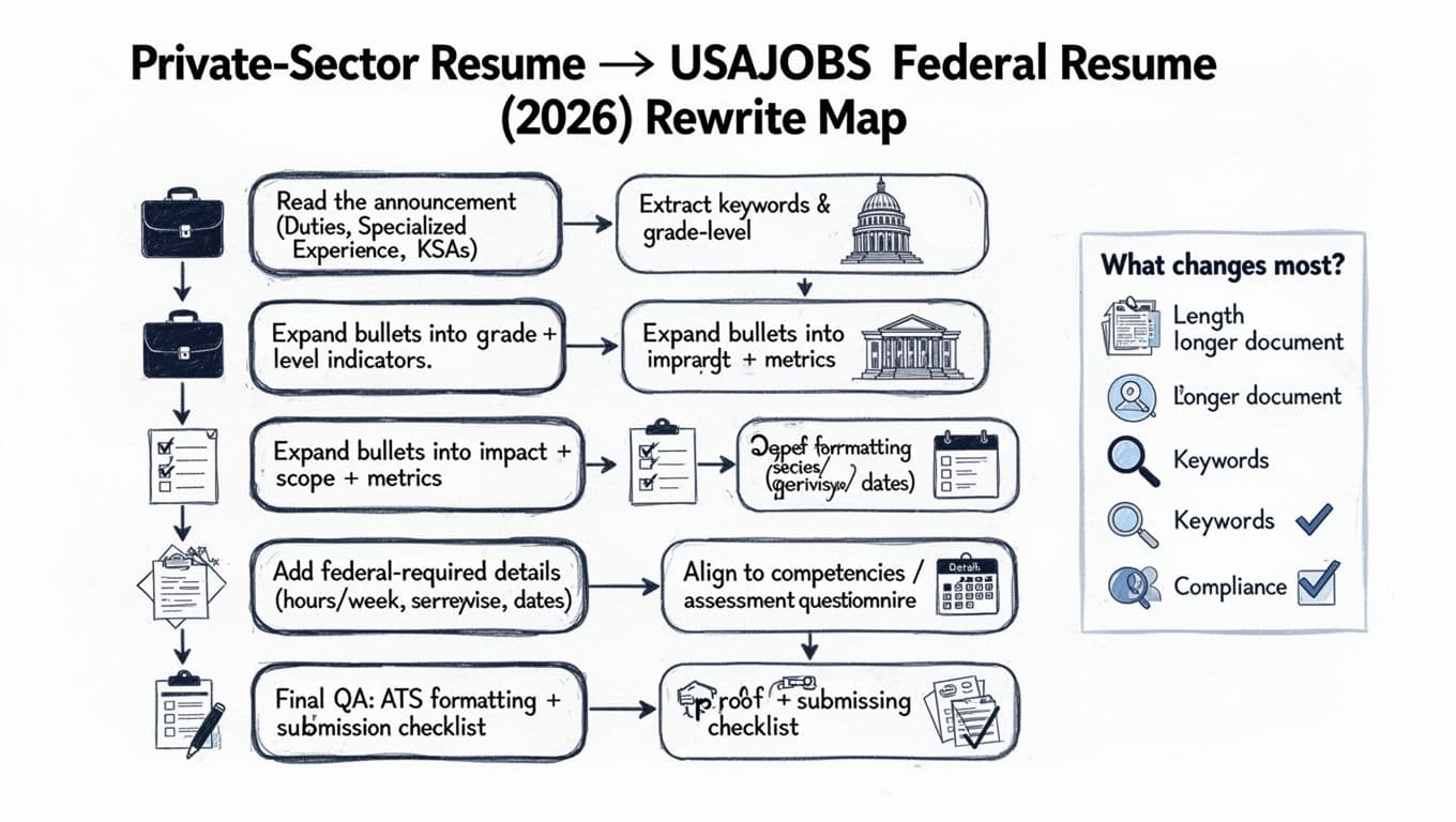 Hand-drawn illustration in black ink linework and deep navy blue accents on white background, featuring a vertical step-by-step flowchart with 6 labeled steps, connecting arrows, simple icons, and a side panel highlighting key changes like length, detail, keywords, and compliance.