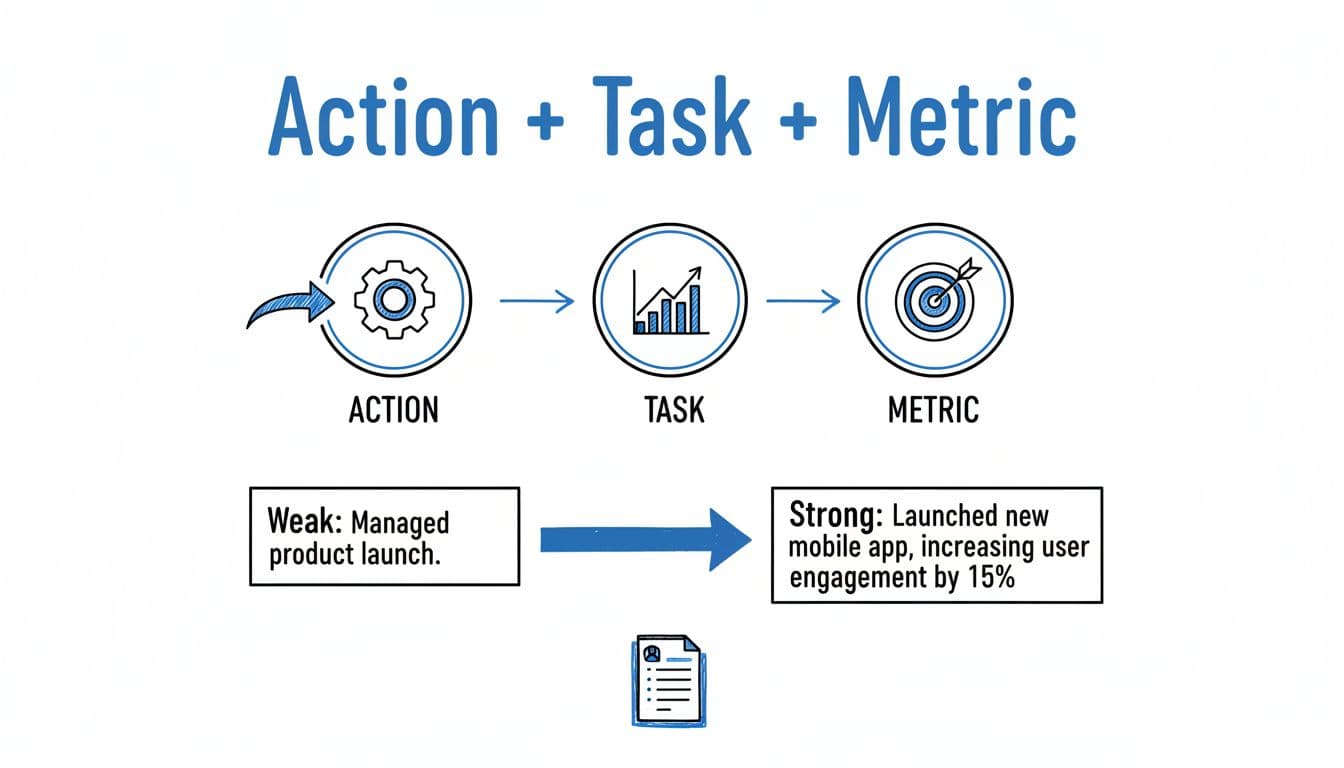 Hand-drawn minimalist infographic in blacks and blues on white background visualizing the formula for product manager resume bullets: action verb + task + metrics/outcome. Flowchart with strategy, metrics, and results icons, arrows connecting steps, and one central example transforming weak to strong bullet.