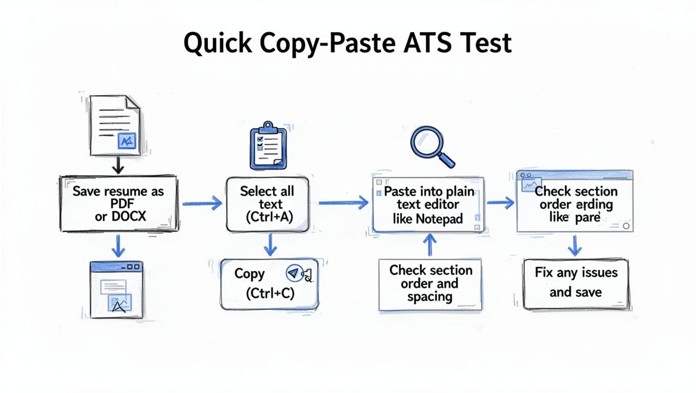 Hand-drawn black ink linework infographic with blue accents on white background, featuring a step-by-step flowchart for testing resume ATS compatibility: save as PDF/DOCX, copy all text, paste into Notepad, check formatting, and fix issues.