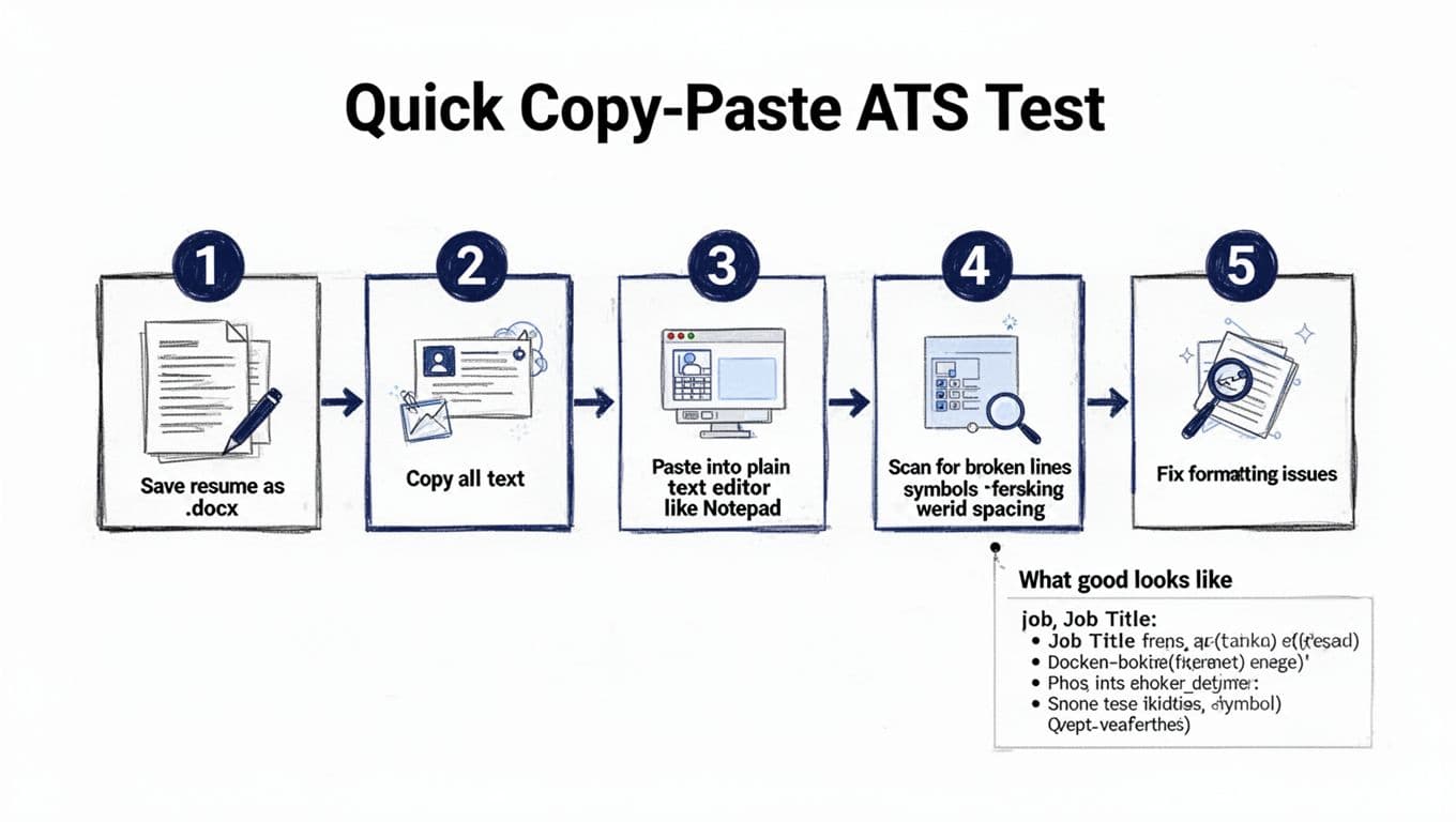 Hand-drawn 5-step infographic on a clean white background with black ink linework and deep blue accents, guiding users through testing resume ATS compatibility by saving as .docx, copying text, pasting into Notepad, scanning for issues, and fixing formatting.