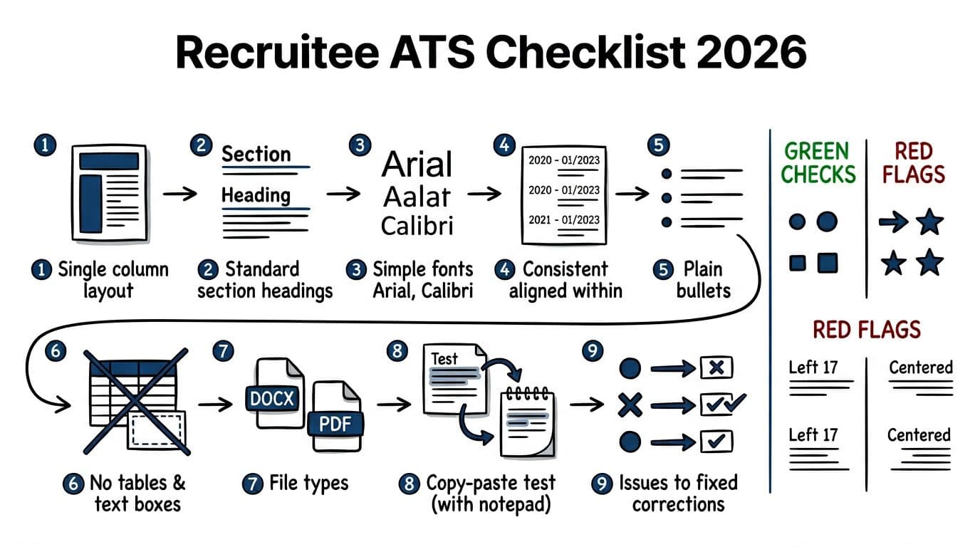 Hand-drawn infographic in black and deep blue ink on white background, featuring step-by-step resume format guidelines for Recruitee ATS 2026 copy-paste test, with icons, single-column layout tips, and side panel comparing green checks versus red flags.