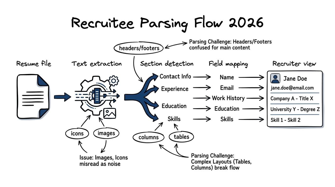 Hand-drawn ink diagram on white background showing Recruitee's resume parsing pipeline from file to recruiter view, including text extraction, section detection, field mapping, and callouts for common failures like headers, columns, and images.