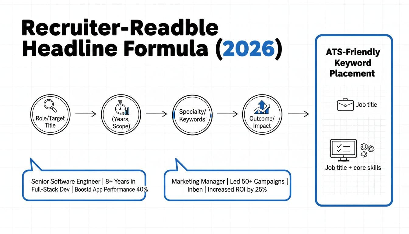 Hand-drawn infographic in black ink with blue accents on white background, featuring a step-by-step flowchart for crafting ATS-friendly resume headlines, including icons, example headlines, and keyword placement tips.