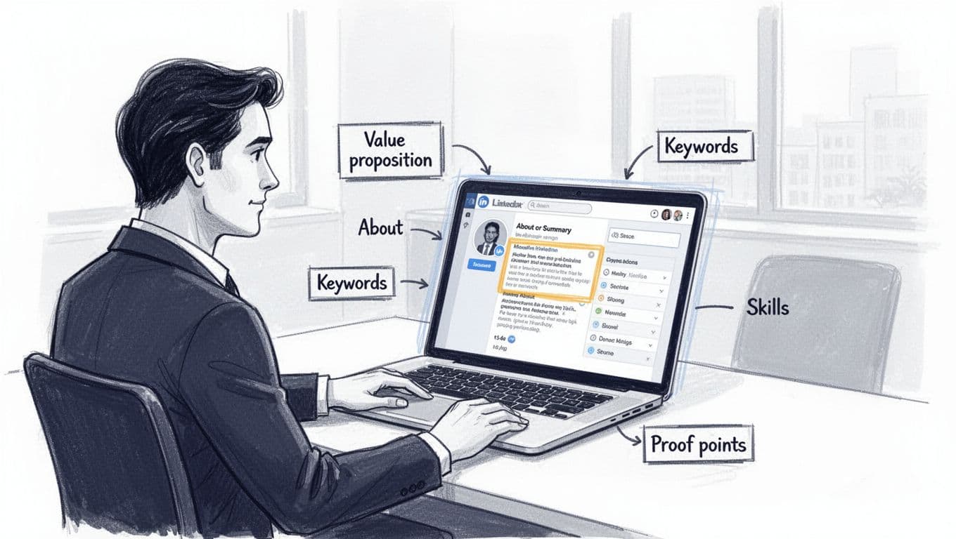 Hand-drawn minimalist illustration in black and deep blue lines on white background, showing a recruiter at a desk viewing a laptop with a LinkedIn-style profile summary highlighted, subtle callouts for value proposition, keywords, and proof points.
