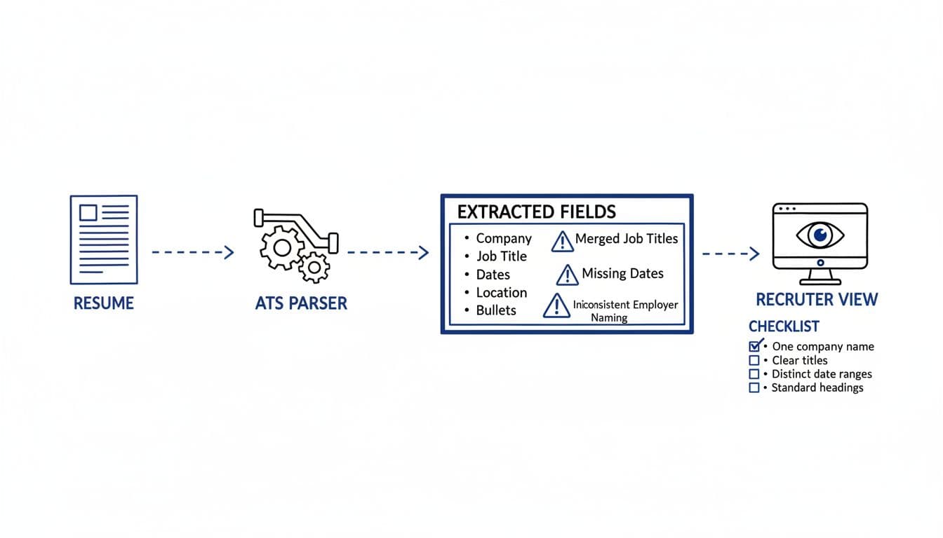 ATS parsing flowchart showing resume to ATS parser to extracted fields and recruiter view, with warning icons for common parsing failures