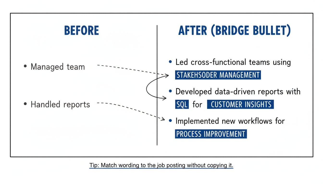 Hand-drawn minimal line art infographic showing faded generic resume bullets transformed into bold, job-matched bridge bullets with keyword highlights.
